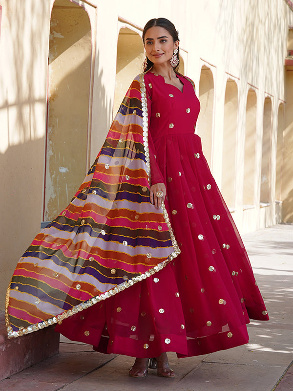 Cherry Pink Faux Blooming With Embroidery Zari Sequins Gown With Dupatta