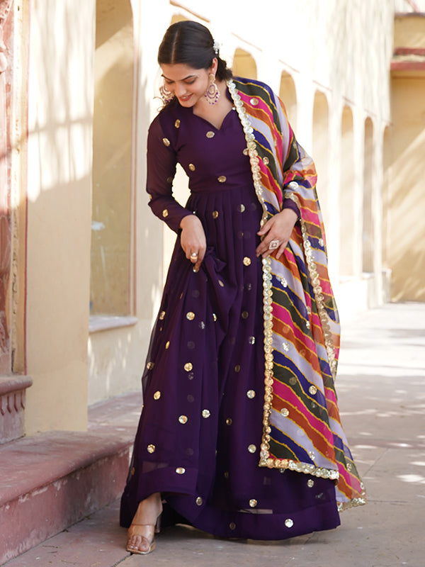 Purple Faux Blooming With Embroidery Zari Sequins Gown With Dupatta