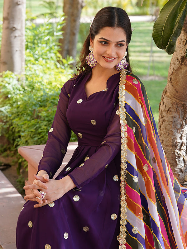 Purple Faux Blooming With Embroidery Zari Sequins Gown With Dupatta