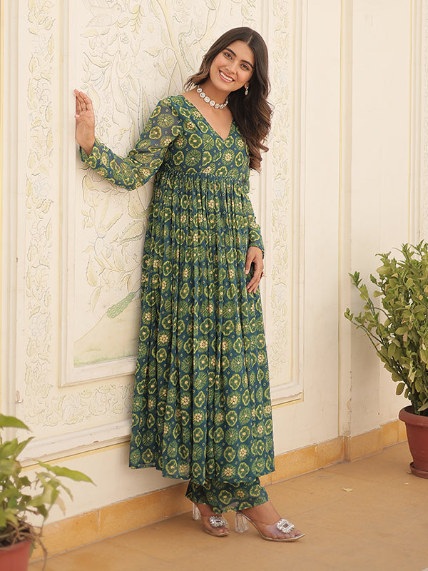 Rama Green Foil Printed Faux Georgette Kurti With Pant Set
