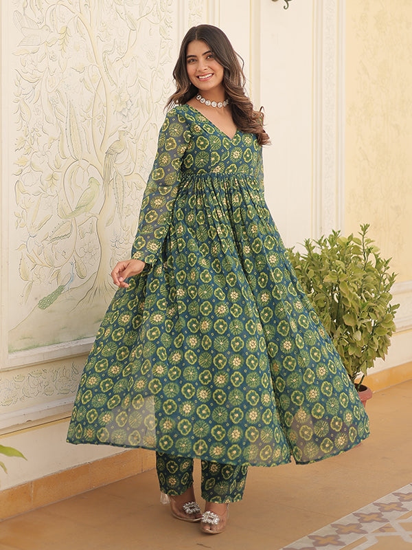Rama Green Foil Printed Faux Georgette Kurti With Pant Set