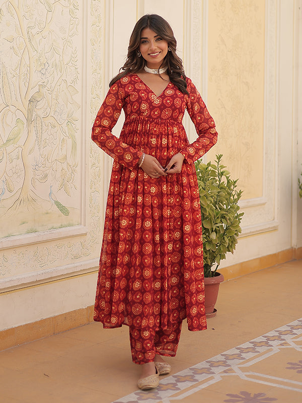 Red Foil Printed Faux Georgette Kurti With Pant Set