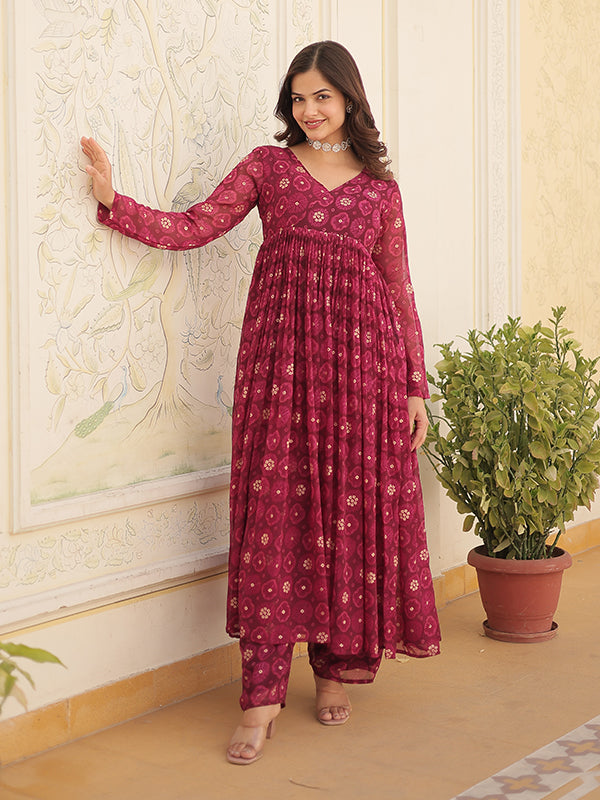 Wine Foil Printed Faux Georgette Kurti With Pant Set