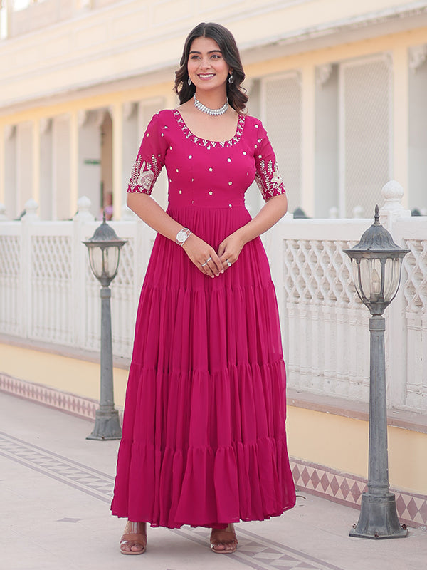 Rani Pink Faux Blooming With Embroidery Zari Sequins Gown