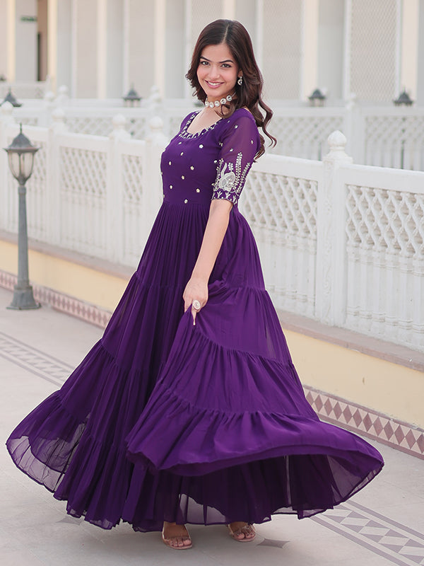 Purple Faux Blooming With Embroidery Zari Sequins Gown