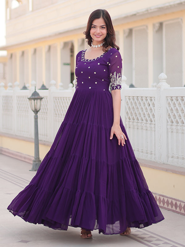 Purple Faux Blooming With Embroidery Zari Sequins Gown