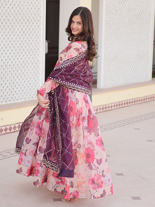 Pink Flower Printed Russian Silk Gown With Dupatta