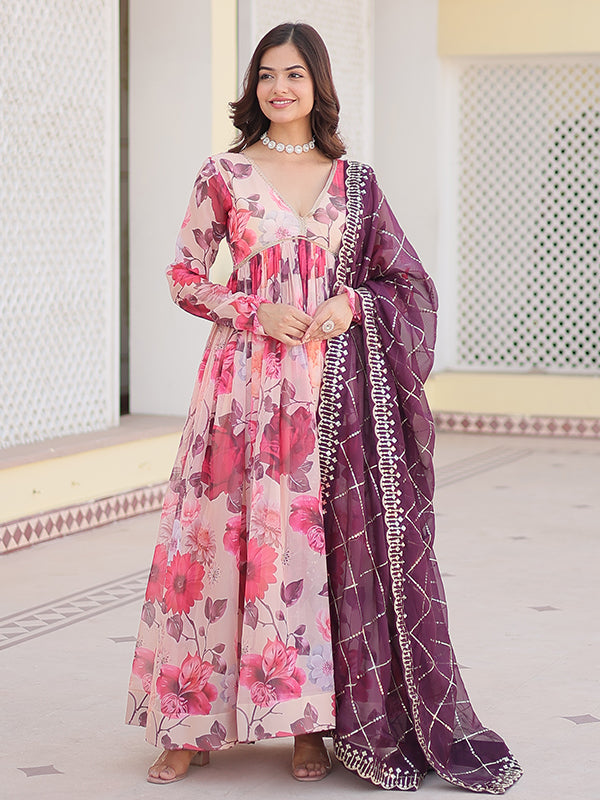 Pink Flower Printed Russian Silk Gown With Dupatta