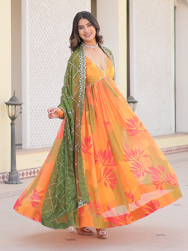 Yellow Flower Printed Russian Silk Gown With Dupatta