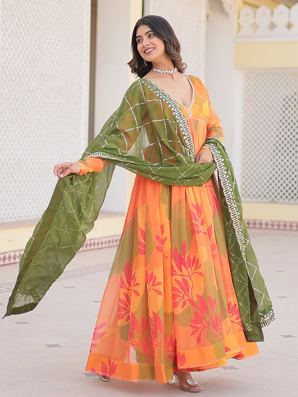 Yellow Flower Printed Russian Silk Gown With Dupatta