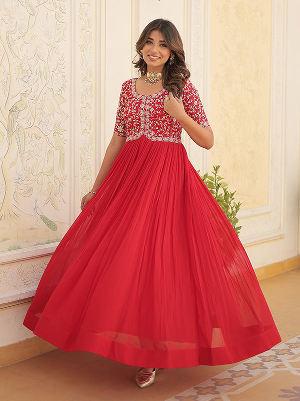 Red Faux Blooming With Embroidery Zari Sequins Gown