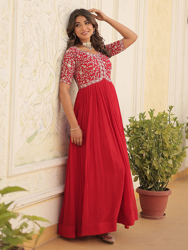 Red Faux Blooming With Embroidery Zari Sequins Gown