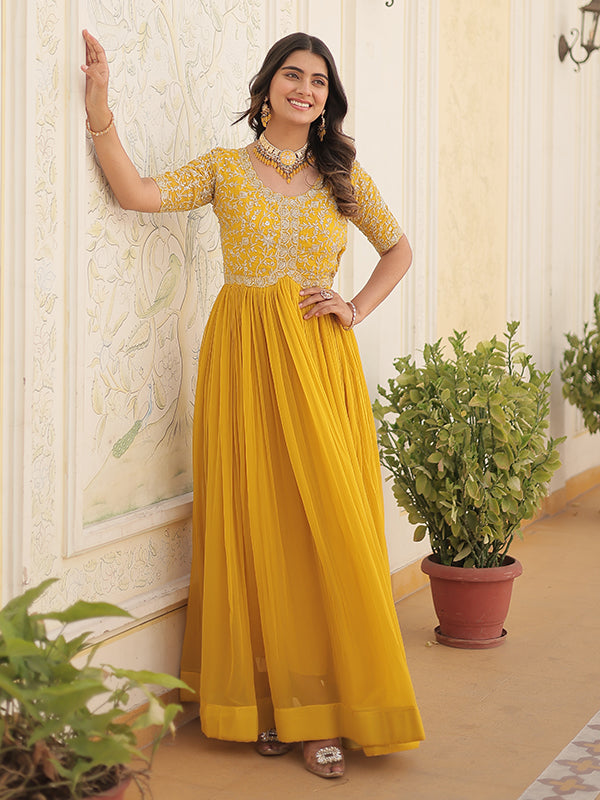 Yellow Faux Blooming With Embroidery Zari Sequins Gown