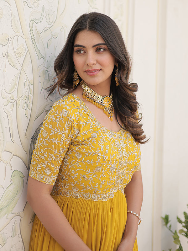 Yellow Faux Blooming With Embroidery Zari Sequins Gown