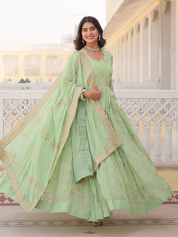 Pista Faux Georgette with Embroidery Zari Sequins Gown With Dupatta