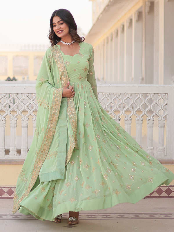 Pista Faux Georgette with Embroidery Zari Sequins Gown With Dupatta