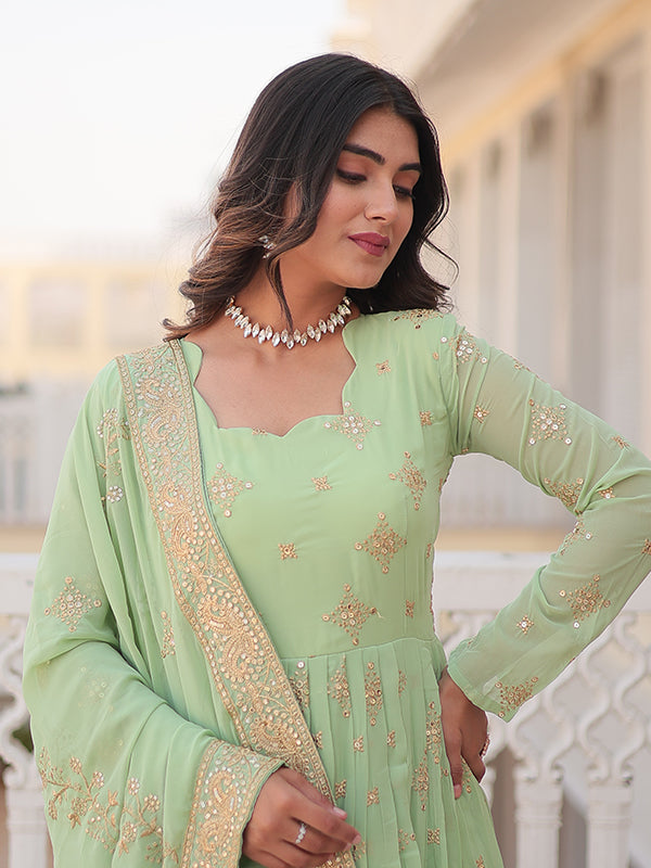 Pista Faux Georgette with Embroidery Zari Sequins Gown With Dupatta