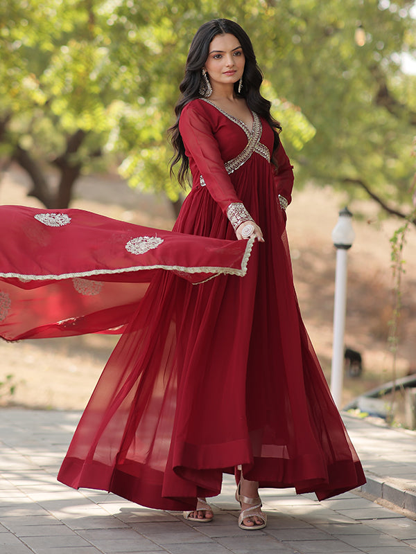 Maroon Faux Blooming With Designer Lace Border Gown With Dupatta