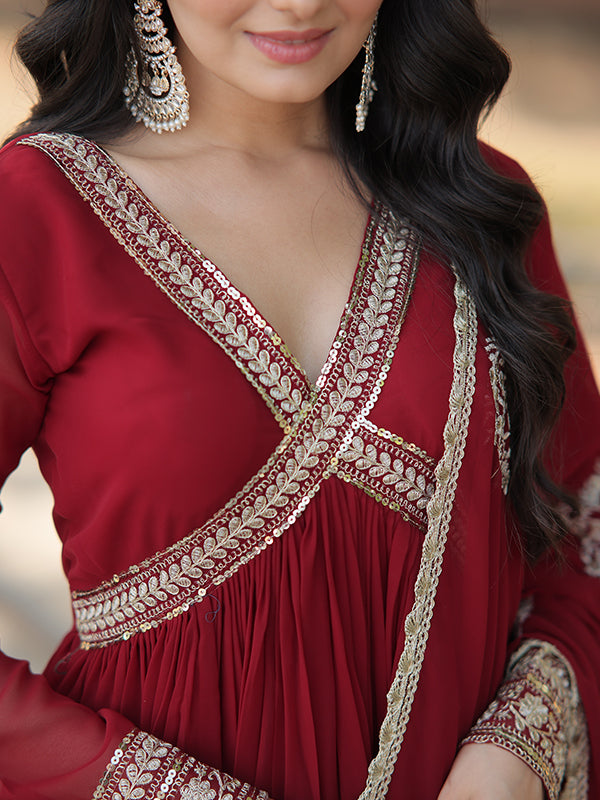 Maroon Faux Blooming With Designer Lace Border Gown With Dupatta