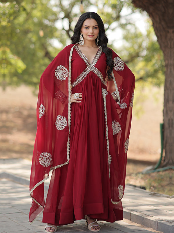 Maroon Faux Blooming With Designer Lace Border Gown With Dupatta