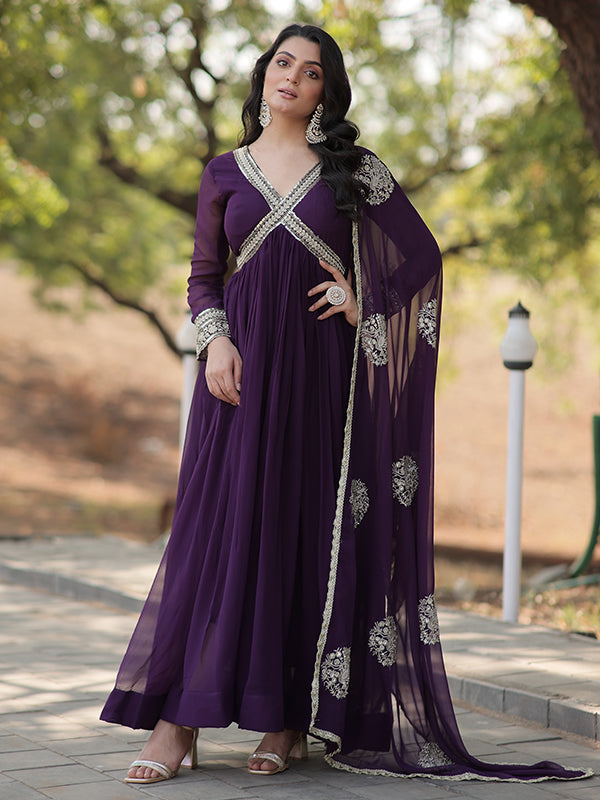 Purple Faux Blooming With Designer Lace Border Gown With Dupatta