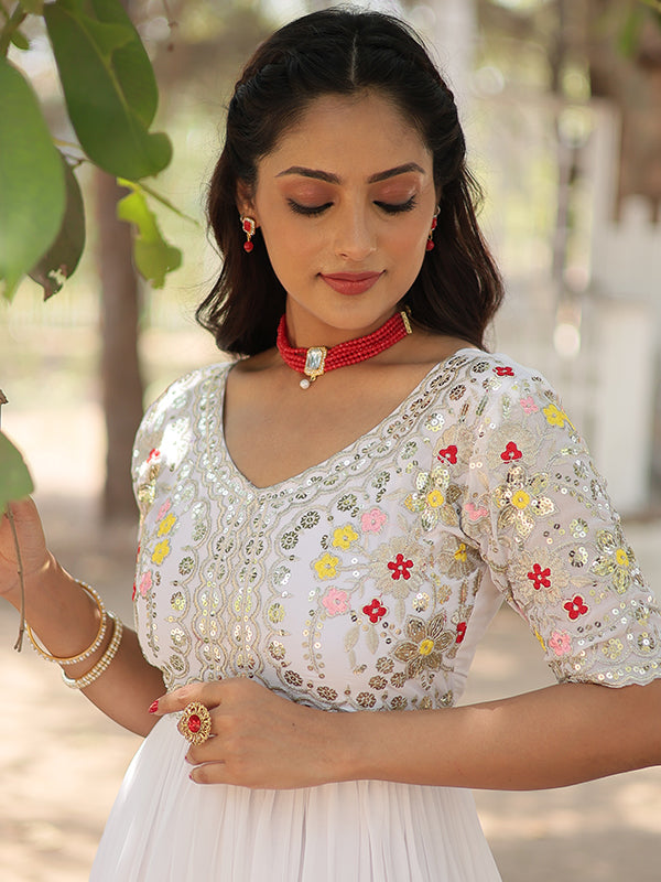 White Faux Blooming With Embroidery Zari Sequins Gown