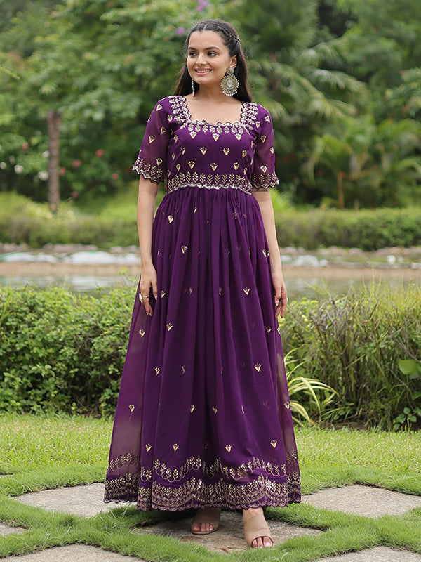 Purple Faux Blooming With Embroidery Zari Sequins Gown
