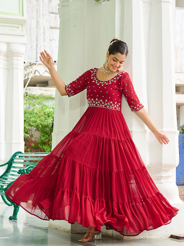 Maroon Faux Blooming With Embroidery Zari Sequins Gown