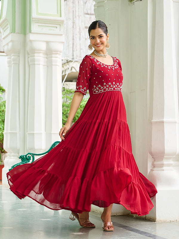 Maroon Faux Blooming With Embroidery Zari Sequins Gown
