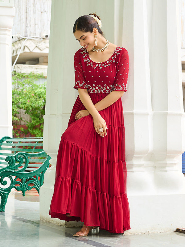 Maroon Faux Blooming With Embroidery Zari Sequins Gown