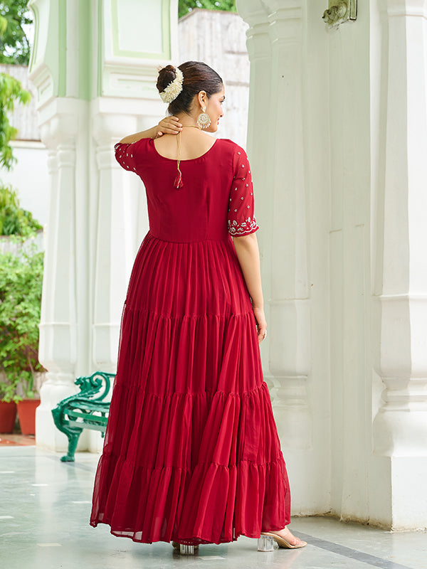 Maroon Faux Blooming With Embroidery Zari Sequins Gown