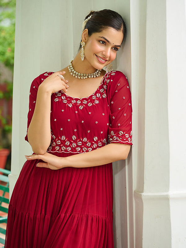 Maroon Faux Blooming With Embroidery Zari Sequins Gown