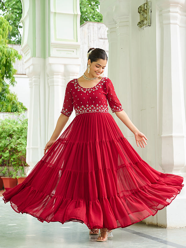 Maroon Faux Blooming With Embroidery Zari Sequins Gown