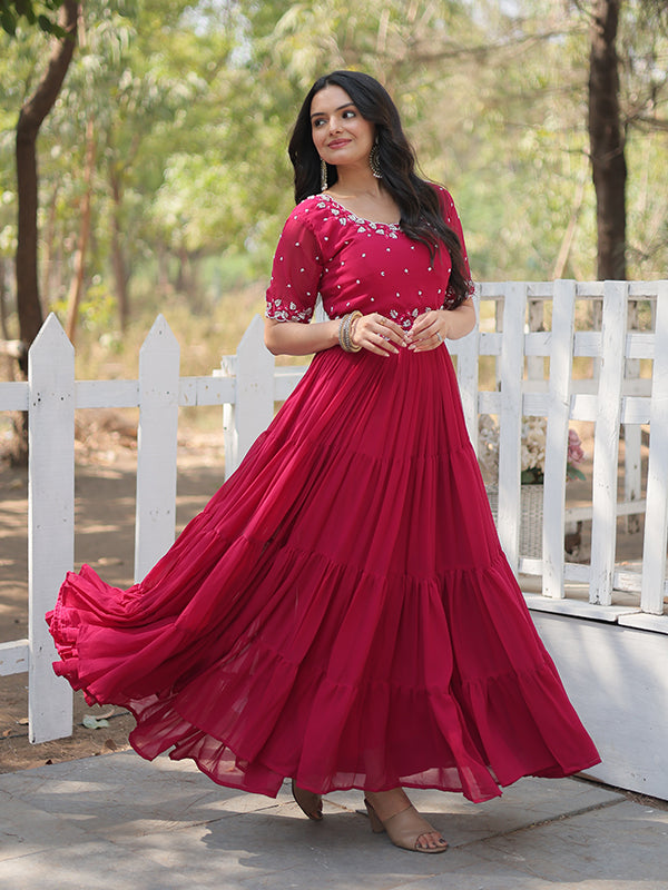 Pink Faux Blooming With Embroidery Zari Sequins Gown