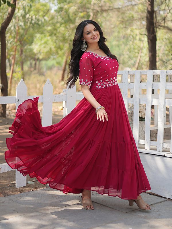 Pink Faux Blooming With Embroidery Zari Sequins Gown