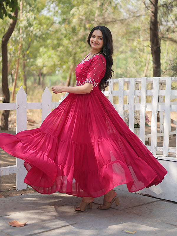 Pink Faux Blooming With Embroidery Zari Sequins Gown