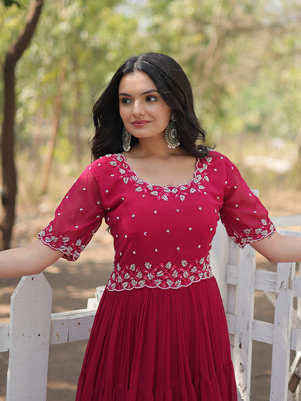 Pink Faux Blooming With Embroidery Zari Sequins Gown