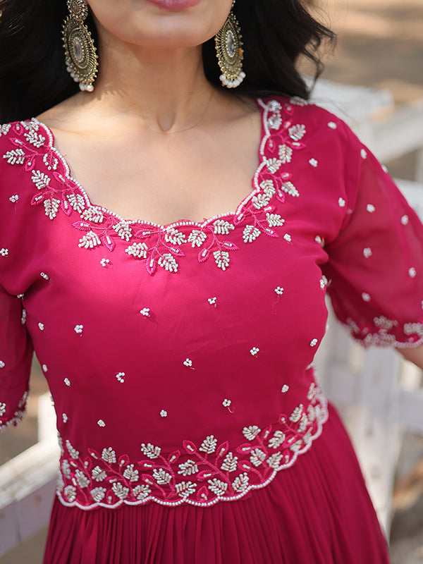 Pink Faux Blooming With Embroidery Zari Sequins Gown