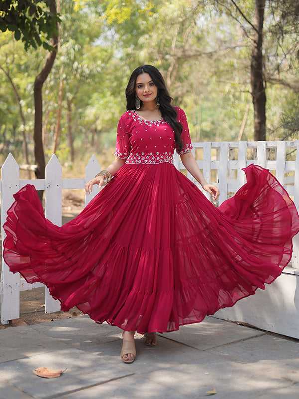 Pink Faux Blooming With Embroidery Zari Sequins Gown