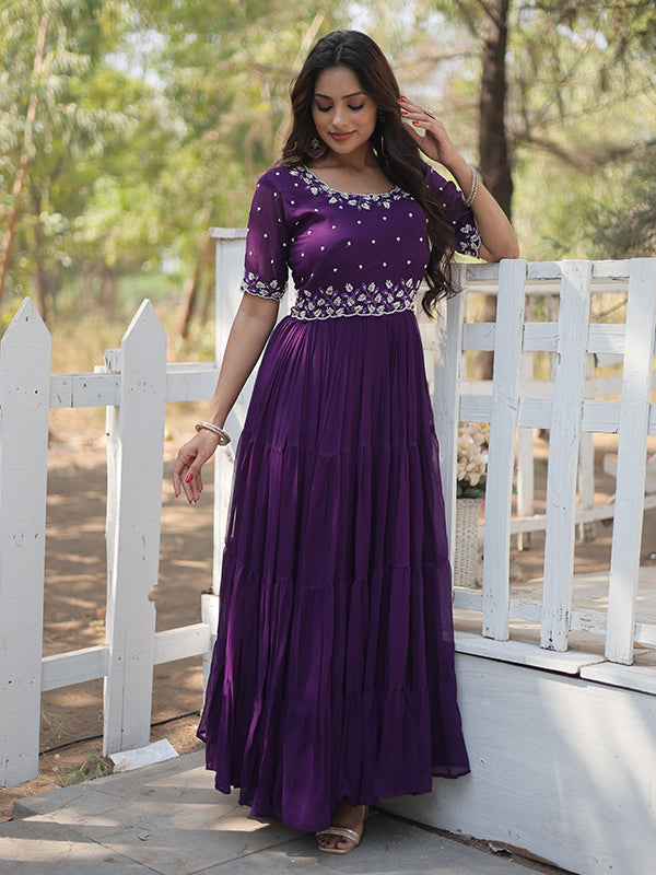 Purple Faux Blooming With Embroidery Zari Sequins Gown