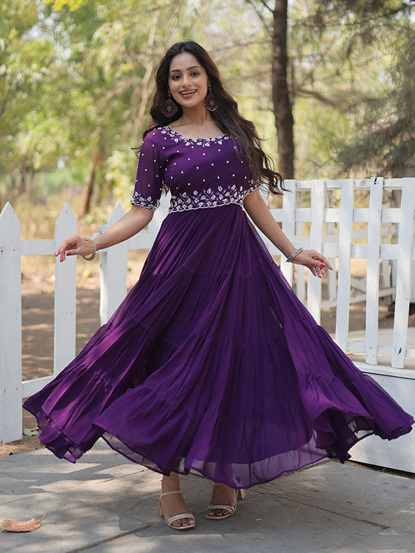 Purple Faux Blooming With Embroidery Zari Sequins Gown