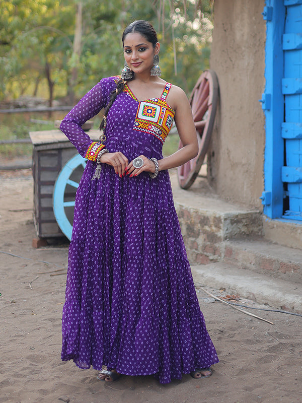 Purple Faux Georgette Bandhani Print With Kutchi Patchwork Gown