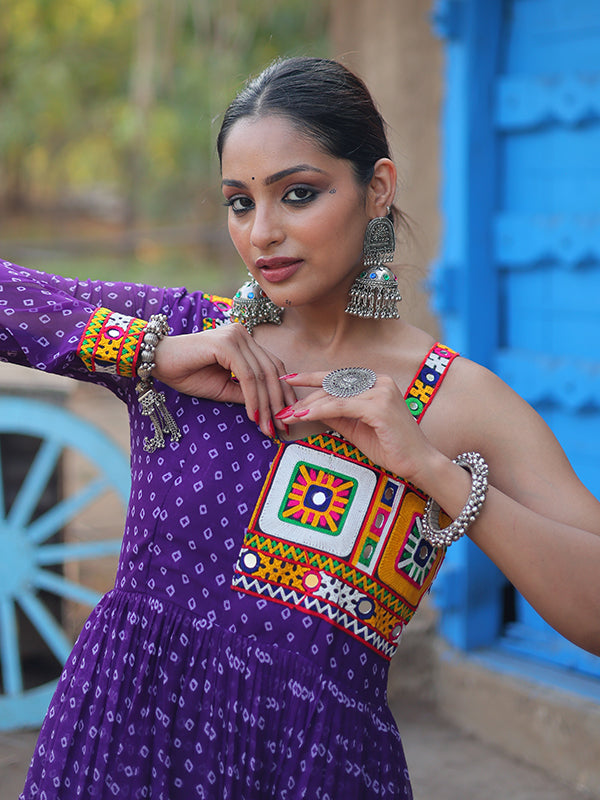 Purple Faux Georgette Bandhani Print With Kutchi Patchwork Gown