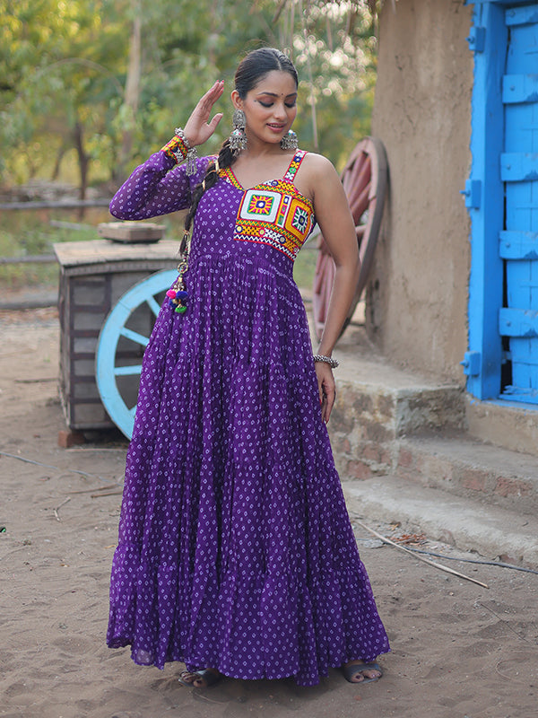 Purple Faux Georgette Bandhani Print With Kutchi Patchwork Gown