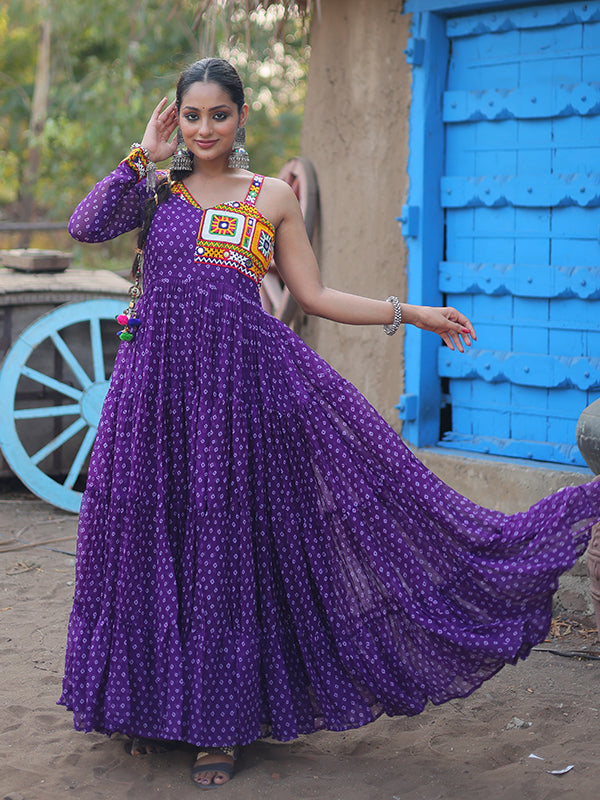 Purple Faux Georgette Bandhani Print With Kutchi Patchwork Gown