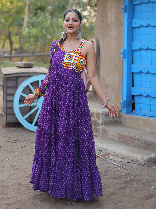 Purple Faux Georgette Bandhani Print With Kutchi Patchwork Gown