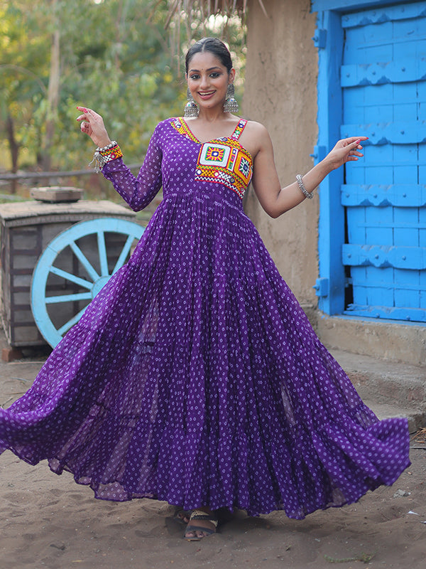 Purple Faux Georgette Bandhani Print With Kutchi Patchwork Gown