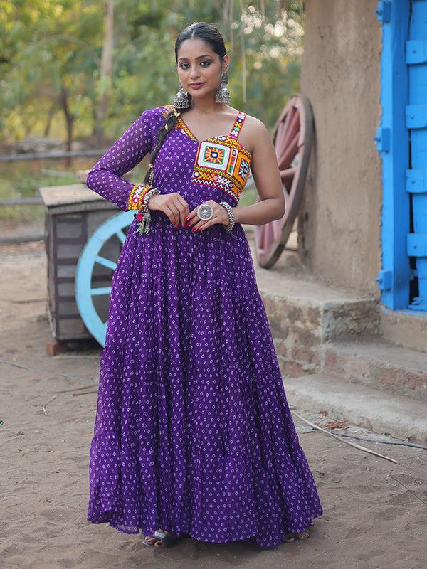 Purple Faux Georgette Bandhani Print With Kutchi Patchwork Gown