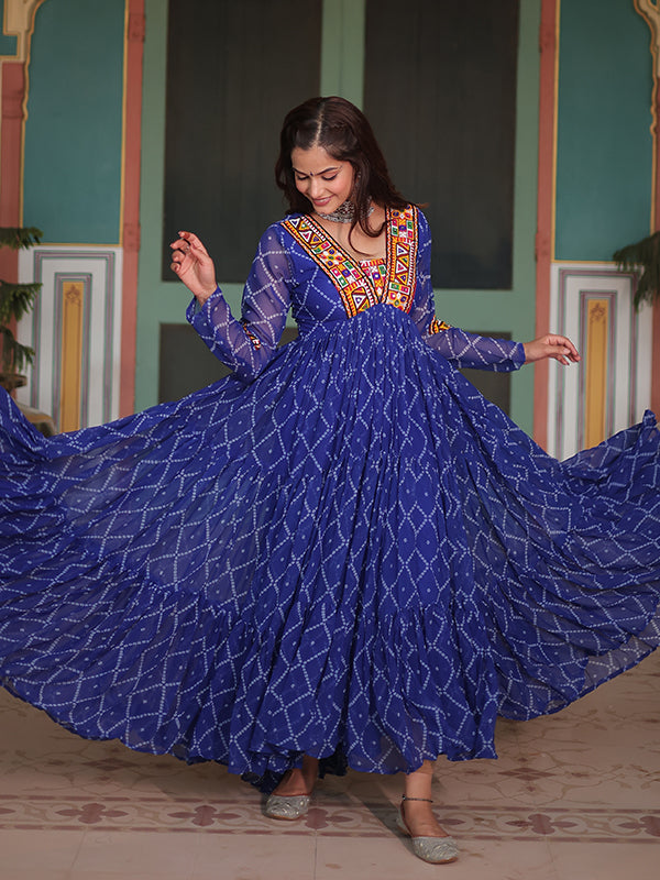 Blue Bandhani Print With Kutchi Patchwork Neck Georgette Gown