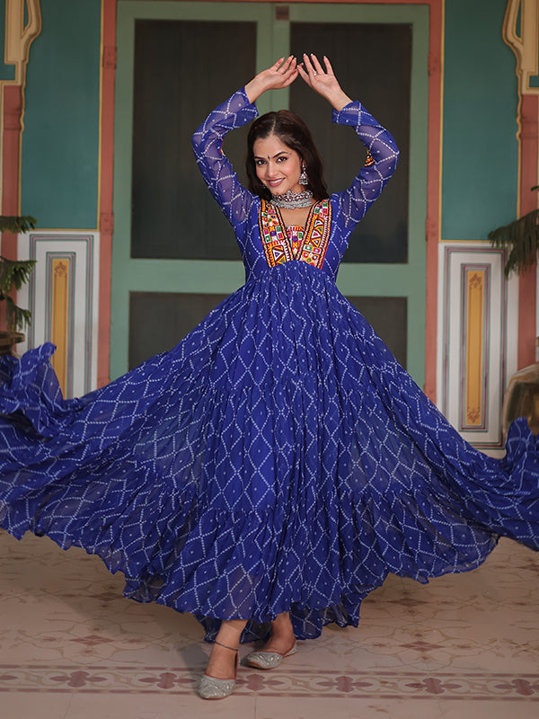 Blue Bandhani Print With Kutchi Patchwork Neck Georgette Gown